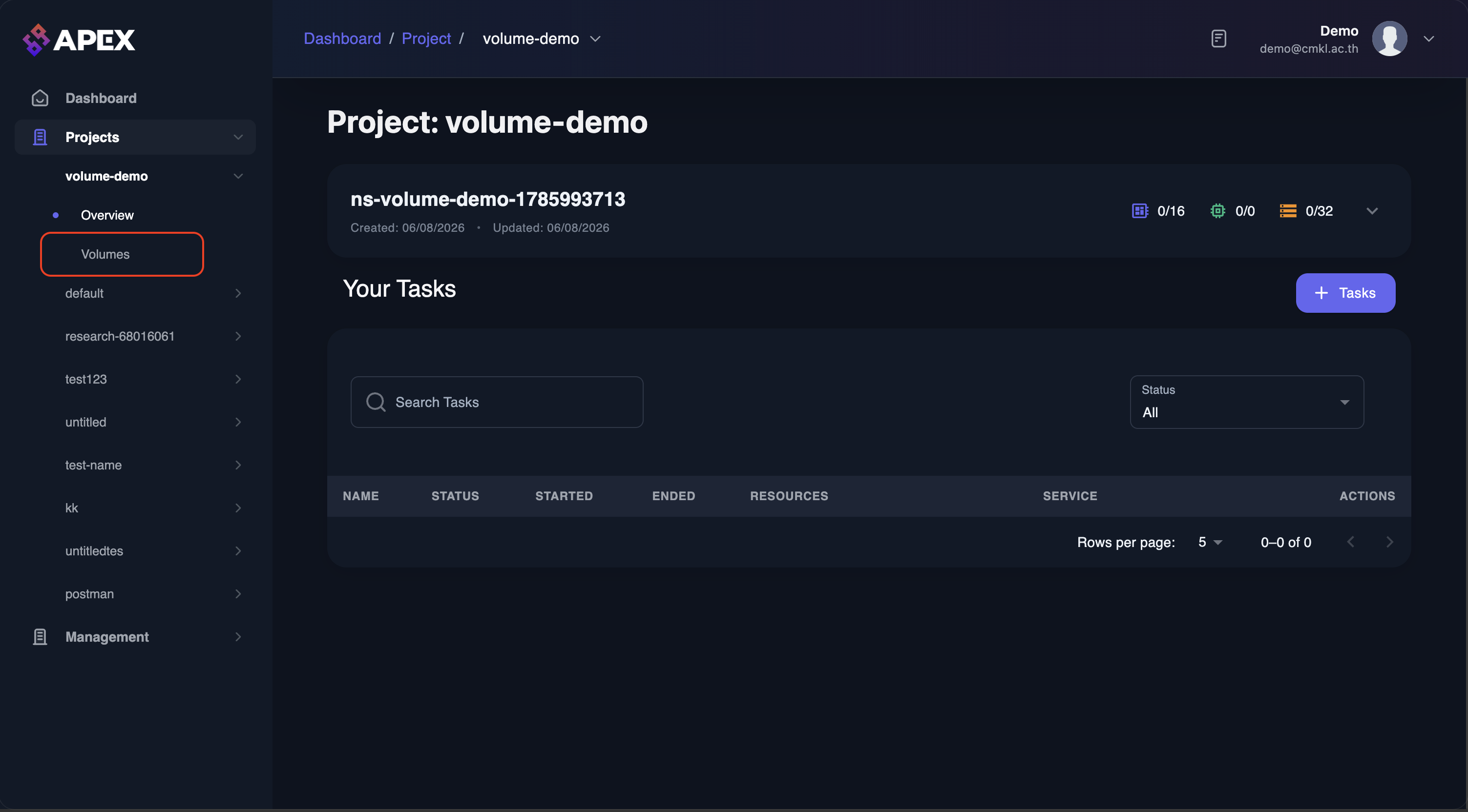 Select the Volume submenu of the project in the sidebar