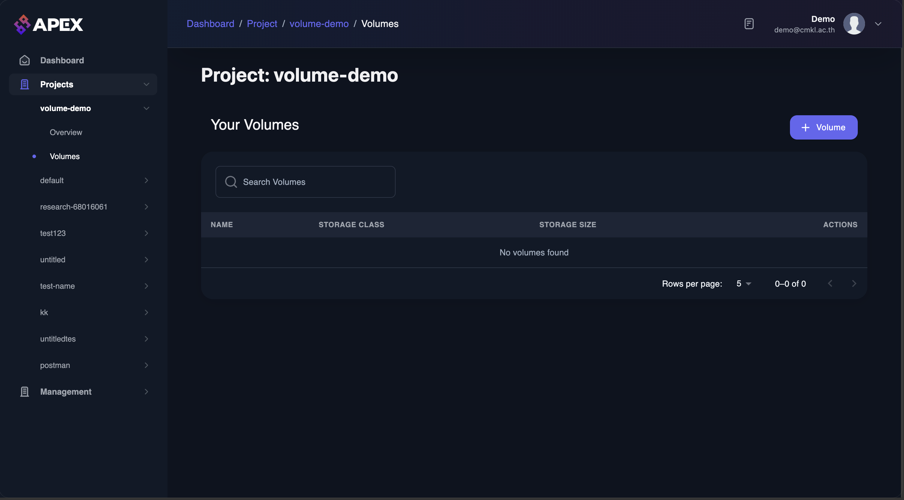 Click Add to open the create volume popup