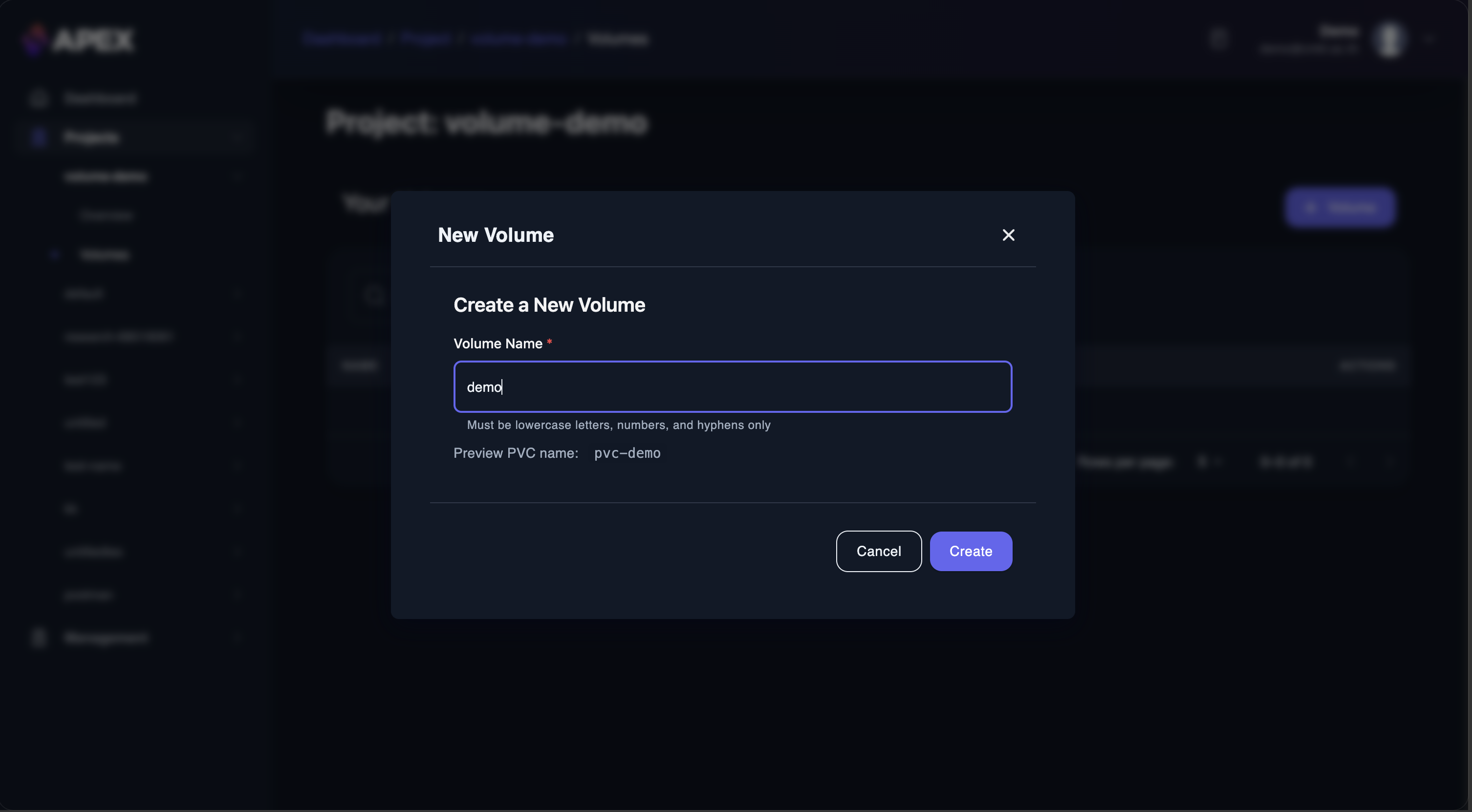Fill in the volume name and click Create
