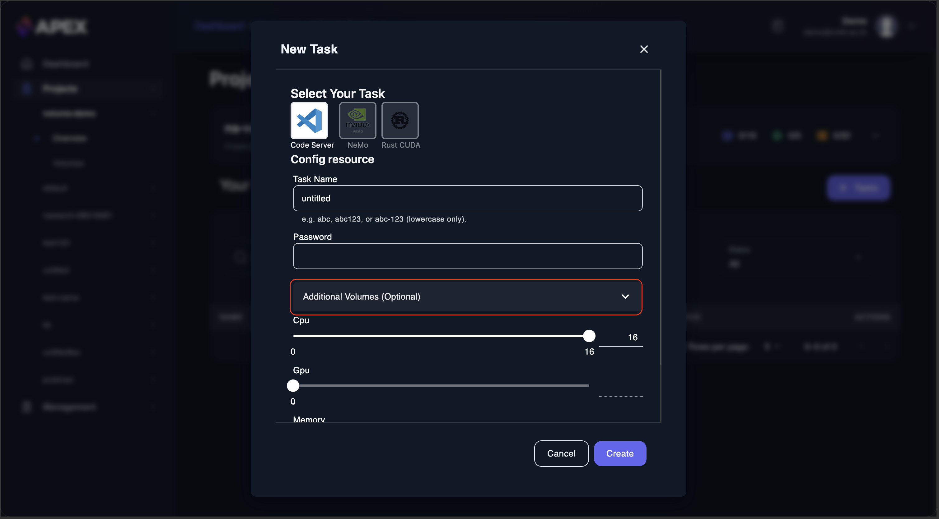 Open the Additional Volumes section in the create task menu
