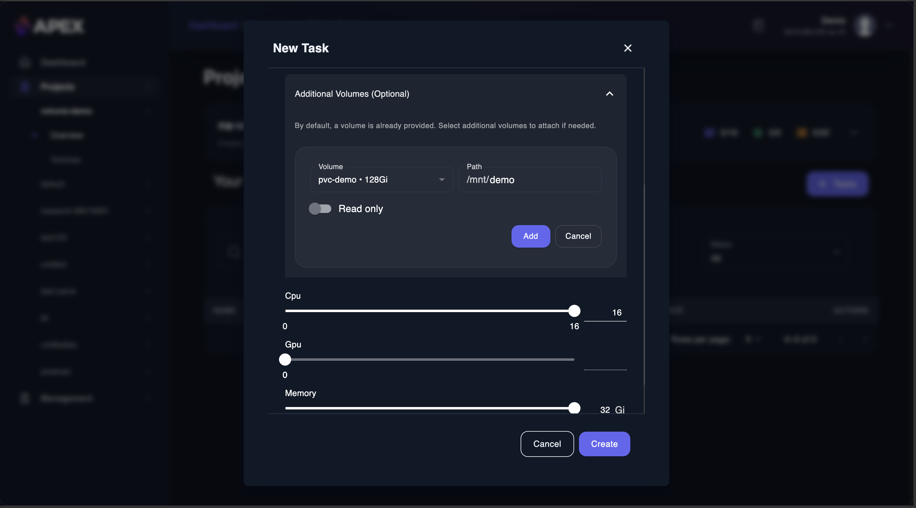 Select an existing volume, set the mount path and access mode, then click Add