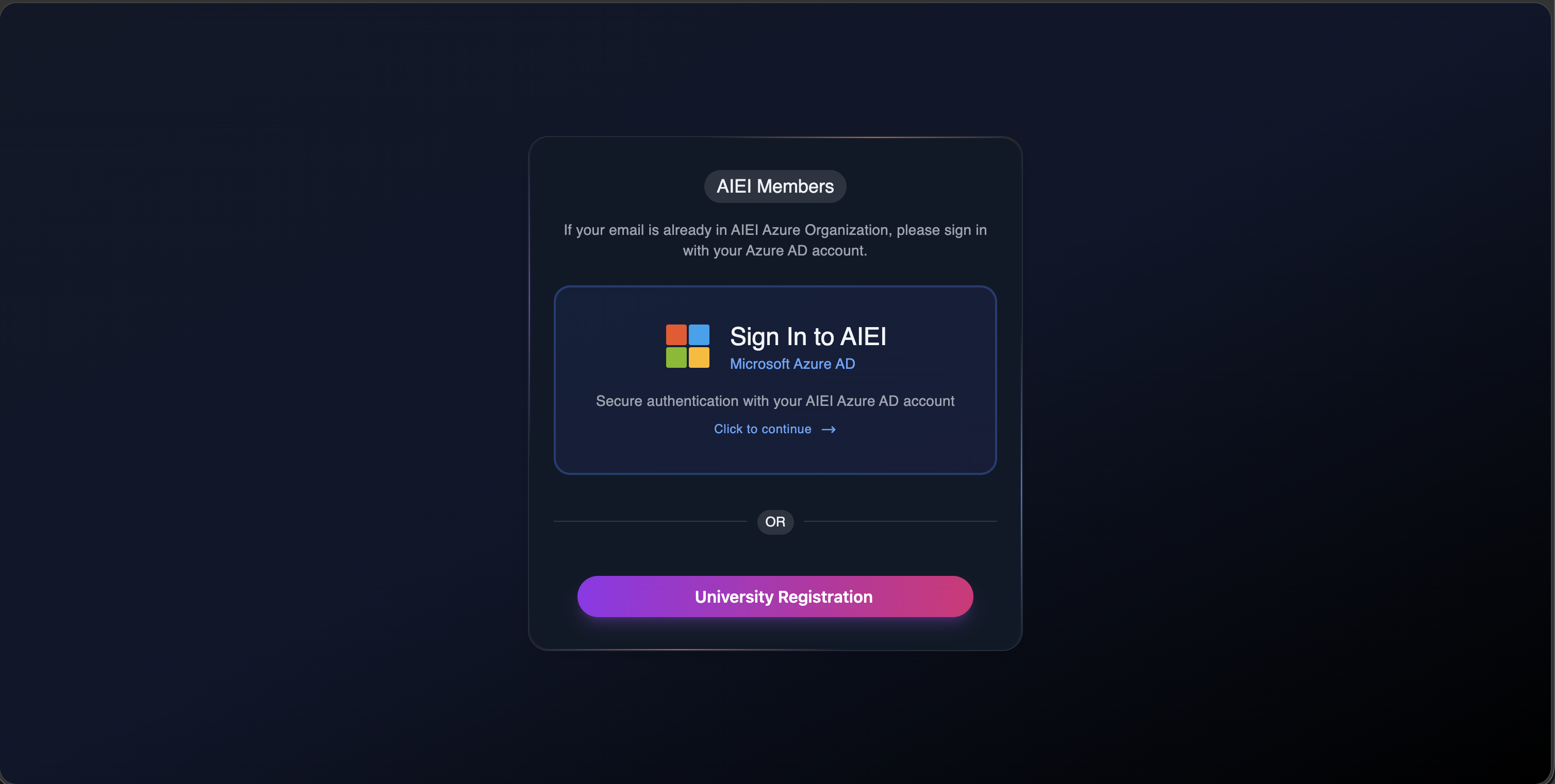AIEI Members card with Sign In to AIEI via Microsoft Azure AD and a University Registration button