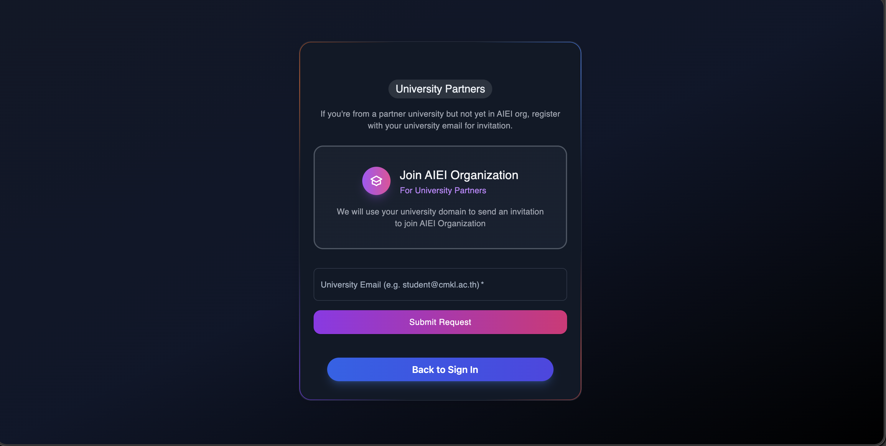 University Partners card with the Join AIEI Organization form