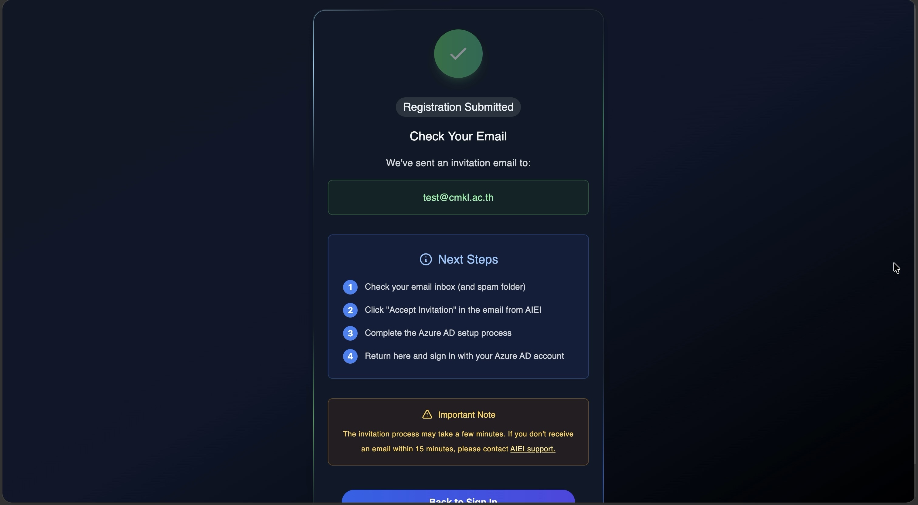 Registration Submitted screen confirming the invitation email was sent